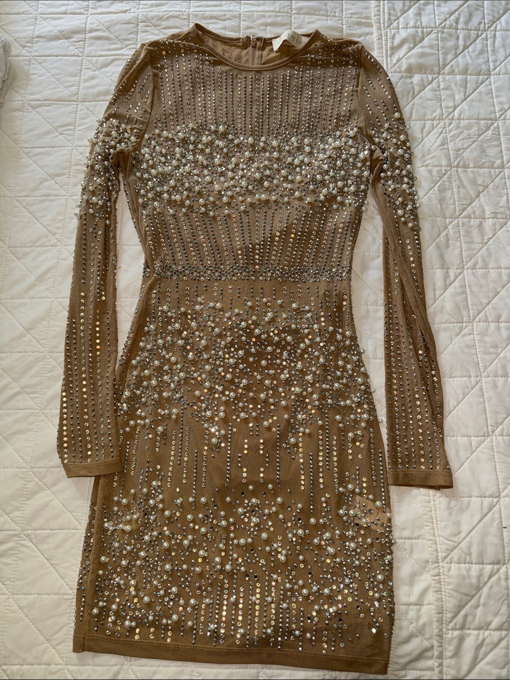 Nude long-sleeve beaded rhinestone dress